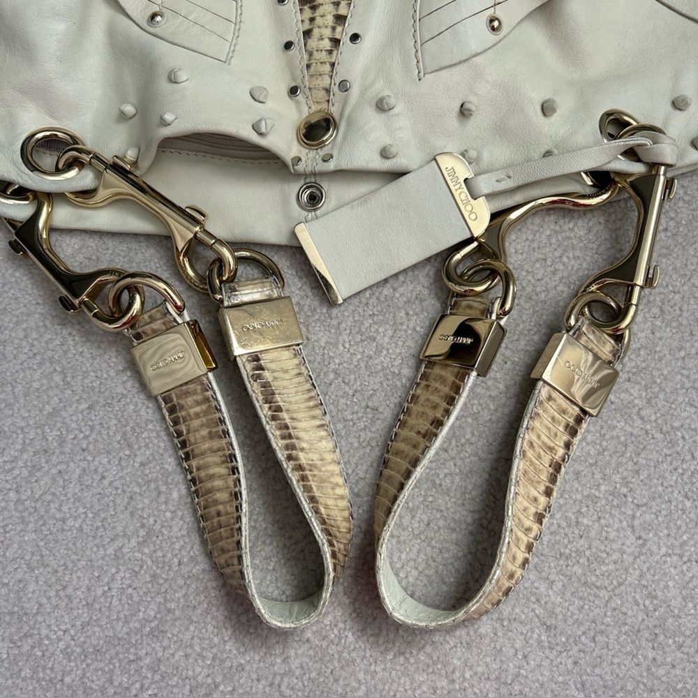❗️SOLD❗️ Jimmy Choo Lohla Jane Hobo Bag Ivory Studded Leather Python Snakeskin - Picture 7 of 9